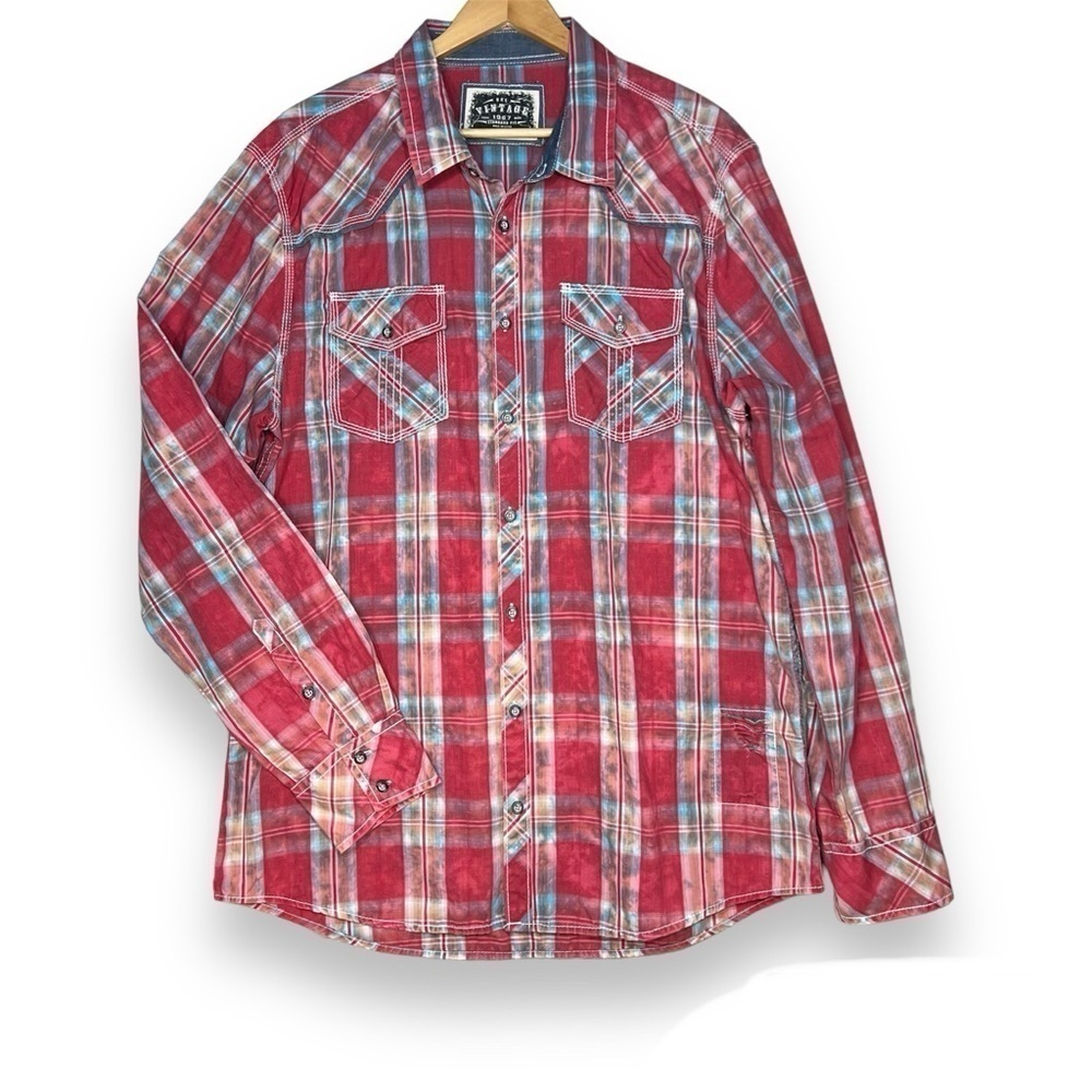 BKE Shirt Mens XL Red Plaid Vintage Standard Fit Western‎ Distressed Chambray